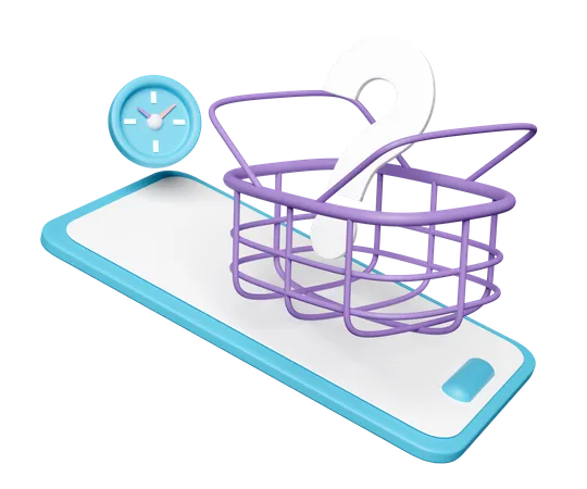 3 D Mobile Phone Smartphone With Shopping Carts Basket Question Mark Symbol Clock Isolated Online Shopping Concept 3D Icon