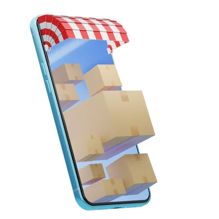 Realistic Brown Cardboard Boxes Flew Out Of Phone With Awning Floating On Transparent Market Online E Commerce Fast Delivery Express Shipping Concept Smartphone With Store Front 3 D Rendering 3D Icon