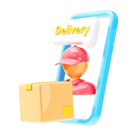 Delivery Courier Man Holding Parcel Box With Smartphone Express Online Delivery Service Online Order Via Phone 3 D Render Illustration 3D Icon