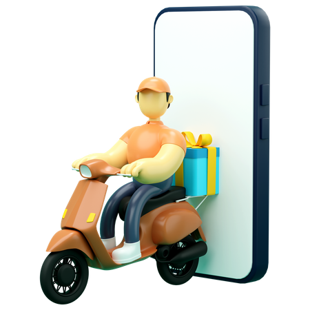 Online delivery man delivering gift via phone 3D Illustration
