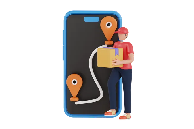 Online Delivery On Mobile Application 3 D Illustration Delivery Man Holding Parcel Box With Mobile Phone 3 D Illustration 3D Illustration