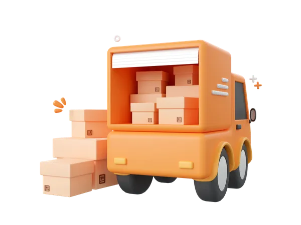 3 D Cartoon Design Illustration Of Delivery Truck Service With Parcel Boxes 3D Icon