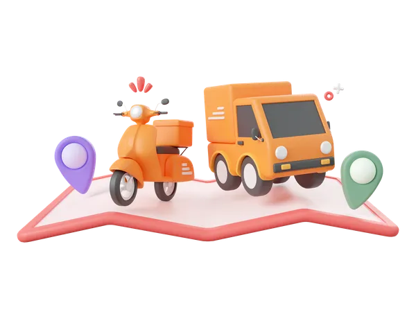 3 D Cartoon Design Illustration Of Delivery Service Delivery Truck And Scooter With Pins On Map 3D Icon