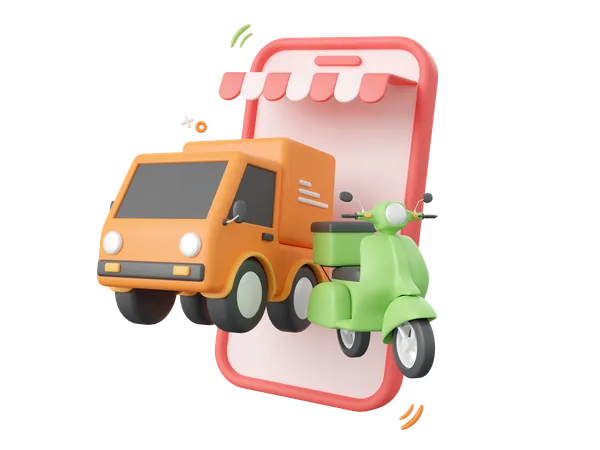 3 D Cartoon Design Illustration Of Shopping Online And Delivery Truck And Scooter Service On Mobile 3D Icon