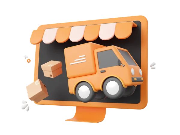 3 D Cartoon Design Illustration Of Delivery Truck Shipping Parcel Boxes Shopping And Delivery Service Online 3D Icon