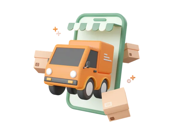 3 D Cartoon Design Illustration Of Delivery Truck Shipping Parcel Boxes Shopping And Delivery Service Online 3D Icon