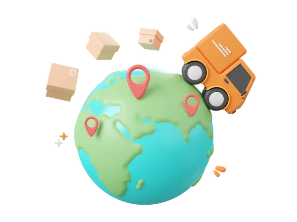 3 D Cartoon Design Illustration Of Delivery Truck Shipping Parcel Boxes With Pin On Globe Global Shopping And Delivery Service Concept 3D Icon