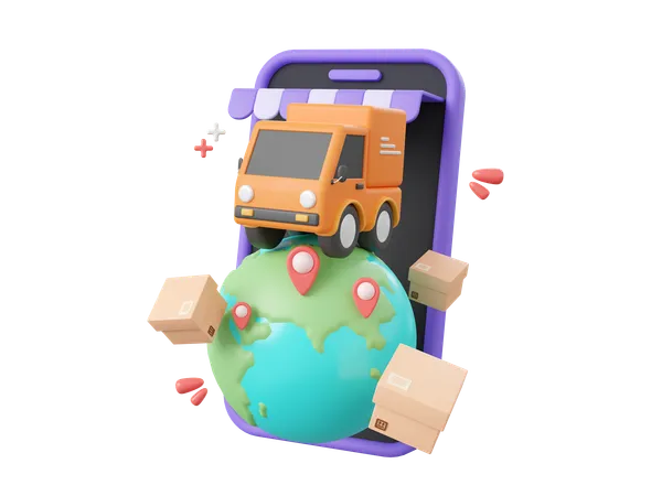 3 D Cartoon Design Illustration Of Delivery Truck Shipping Parcel Boxes Global Shopping And Delivery Online Service Concept 3D Icon