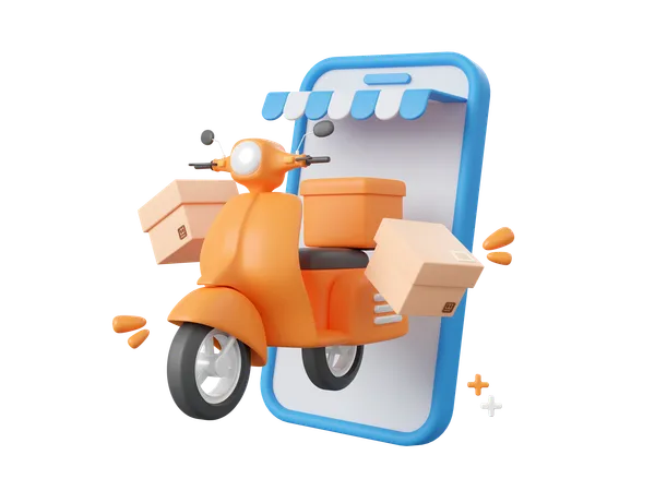 3 D Cartoon Design Illustration Of Scooter Shipping Parcel Boxes Shopping And Delivery Service Online On Mobile 3D Icon