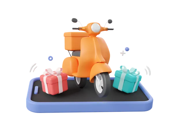 3 D Cartoon Design Illustration Of Scooter Shipping Gift Boxes Delivery Service Online On Mobile 3D Icon