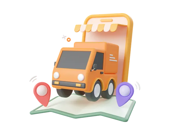 3 D Cartoon Design Illustration Of Delivery Service On Mobile Delivery Truck With Pins On Map 3D Icon