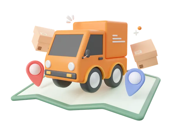 3 D Cartoon Design Illustration Of Delivery Service Delivery Truck Shipping Parcel Box With Pins On Map 3D Icon
