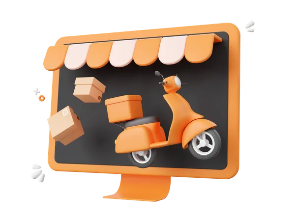 3 D Cartoon Design Illustration Of Scooter Shipping Parcel Boxes Shopping And Delivery Service Online 3D Icon
