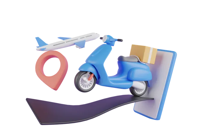 3 D Delivery Service And Cardboard Box With Red Location Pin Global Logistic Airplane And Truck With Cardboard Boxes 3 D Rendering 3D Illustration