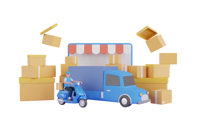 3 D Transportation Shipment Delivery By Truck Scooter Delivery Service And Cardboard Box 3 D Render Illustration 3D Illustration