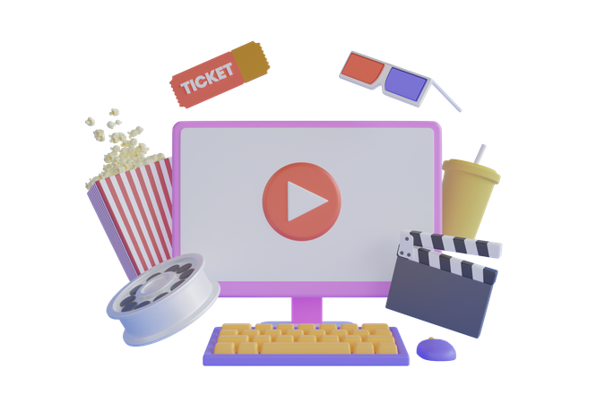 Online-Filme mit Popcorn ansehen  3D Illustration