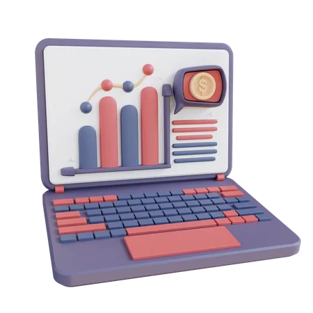 3 D Illustration Laptop Showing Graphic Financial Data 3D Icon