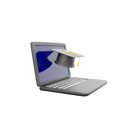 Laptop And Graduation Hat 3 D Illustration 3 D Render Laptop Graduate Hat Icon On White Background 3D Icon