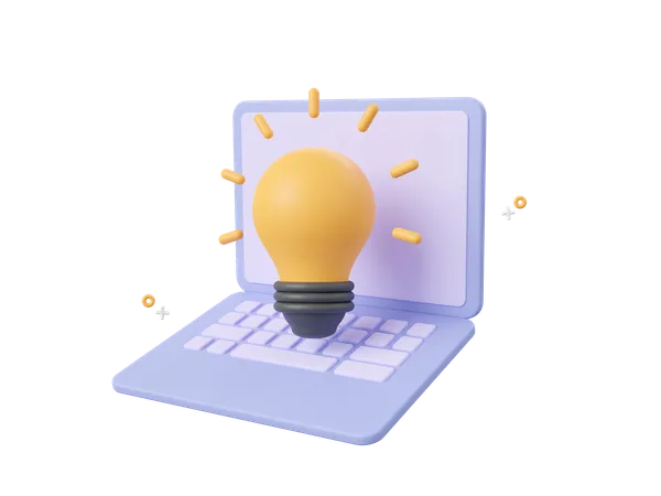 3 D Cartoon Design Illustration Of Laptop With Light Bulb Startup Business Idea Concept 3D Icon