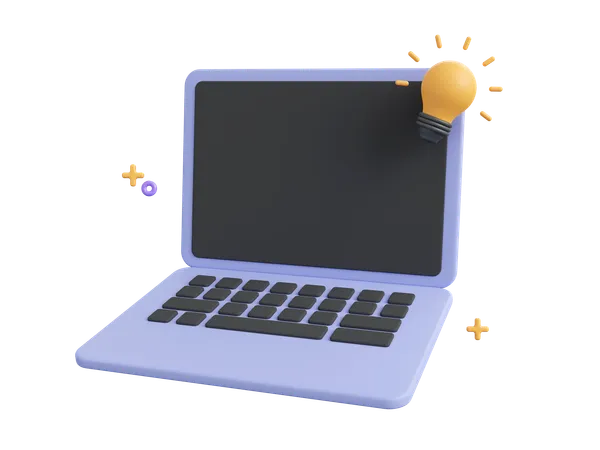 3 D Cartoon Design Illustration Of Blank Screen Laptop With Light Bulb Startup Business Idea Concept 3D Icon