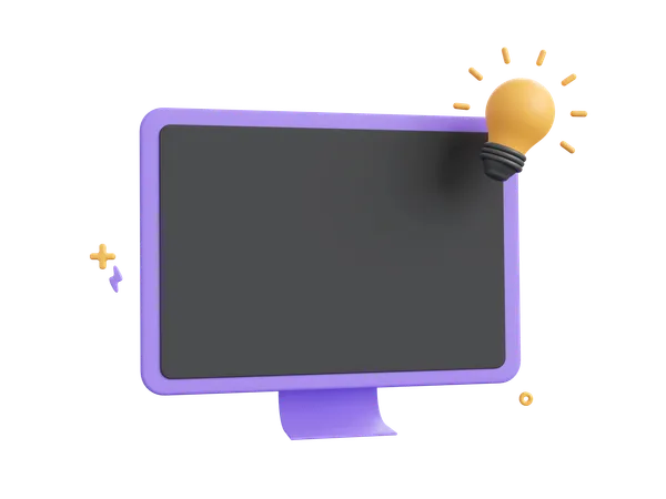 3 D Cartoon Design Illustration Of Blank Screen Monitor With Light Bulb Startup Business Idea Concept 3D Icon