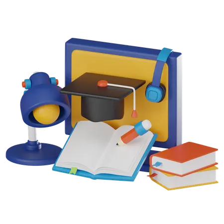 Online Learning Book Graduation Hat And Laptop Perfect For Academic And Online Education Themed Designs 3 D Render Illustration 3D Icon