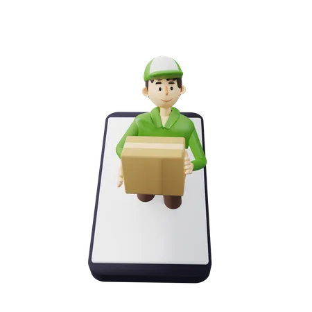 Konzept Eines Schnellen Lieferservices Der Lieferant Versendet Ein Paket Per Pop Out Von Einem Smartphone 3 D Rendering Cartoon Illustration 3D Illustration