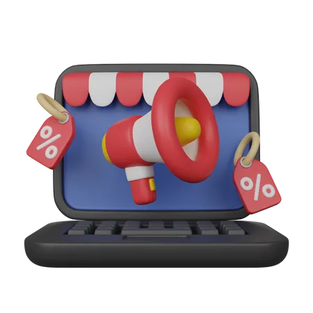 Shopping Online Laptop With Megaphone And Discount Coupons 3 D Render Icon 3D Icon
