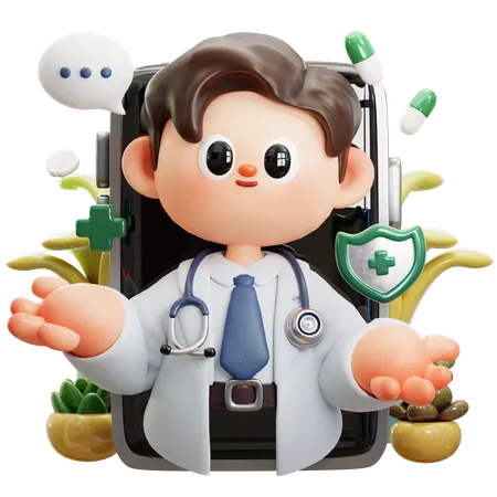 Online Digital Medicine Telemedicine Doctor In Application Or Video Call Of Smart Phone For Patient 3 D Cute Characterchracter Smiling Male Doctor With Stethoscope Concept Of Science Medical Health Healthcare Insurance National Doctors Day 3D Illustration