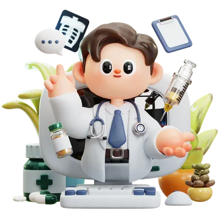 Online Digital Medicine Telemedicine Doctor In Application Or Video Call Of Computer For Patient 3 D Cute Cartoon Character Smiling Male Doctor With Stethoscope Concept Of Science Medical Health Healthcare Insurance National Doctors Day 3D Illustration