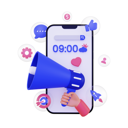 Online mobile marketing with megaphone  3D Illustration