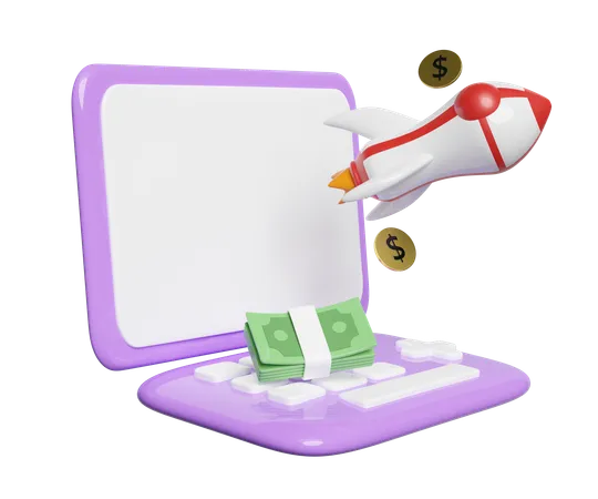 3 D Laptop Computer Monitor With Rocket Coin Dollar Money Banknotes Stack Isolated Minimal Concept 3 D Render Illustration 3D Icon