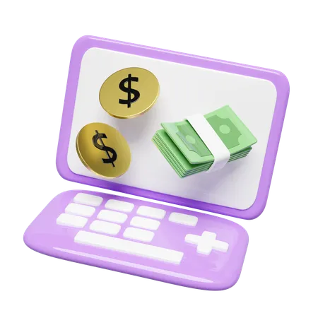 3 D Laptop Computer Monitor With Coin Dollar Money Banknotes Stack Isolated Minimal Concept 3 D Render Illustration 3D Icon