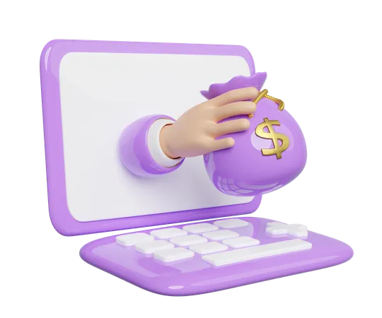 3 D Laptop With Cartoon Businessman Hands Holding Money Bag Dollar Isolated Quick Credit Approval Or Loan Approval Concept 3 D Render Illustration 3D Icon