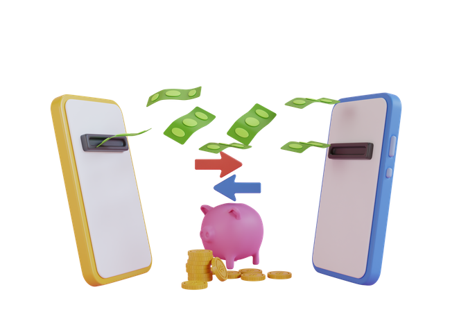 Online money transfer between apps  3D Illustration