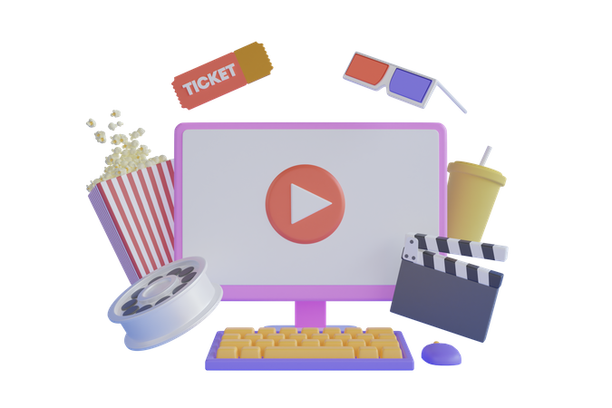 Online Movie Watching With Popcorn 3D Illustration