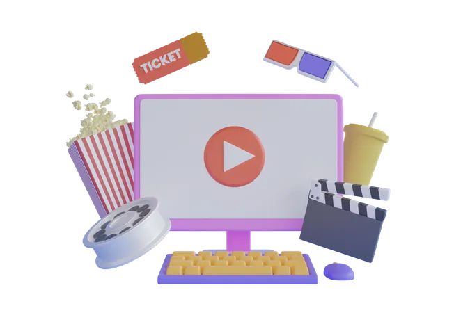 Online Movie Watching With Popcorn 3D Illustration
