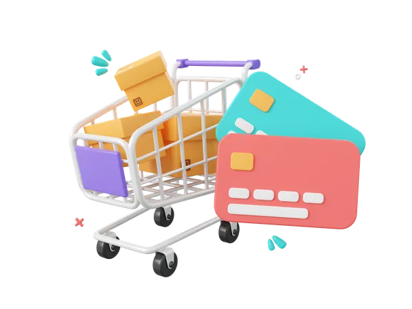 3 D Cartoon Design Illustration Of Parcel Boxes In Shopping Cart With Credit Cards Shopping Online And Payments By Credit Card 3D Icon