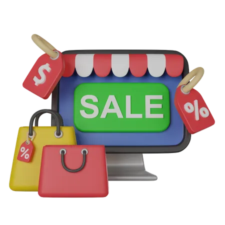 Discount Sale Promotion On Computer Screen With Shopping Bags 3 D Render Icon 3D Icon