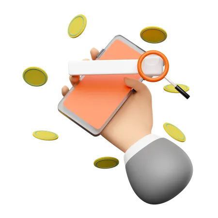 Businessman Hands Holding Orange Mobile Phone Smartphone With Blank Search Bar Magnifying Dollar Coins Isolated Internet Banking Search Data Concept 3D Icon