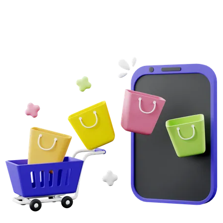3 D Illustration Of Smartphone With Shopping Cart And Shopping Bags 3D Icon