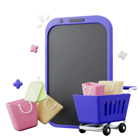 3 D Illustration Of Smartphone With Shopping Cart And Shopping Bags 3D Icon