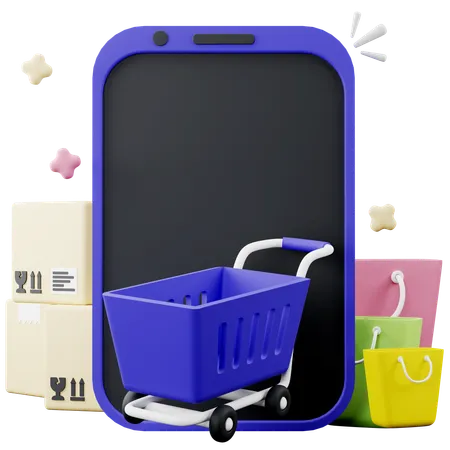 3 D Illustration Of Smartphone With Shopping Cart Parcel Box And Shopping Bags 3D Icon