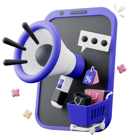 3 D Illustration Of Smartphone With Megaphone Shopping Cart And Discount Tags 3D Icon