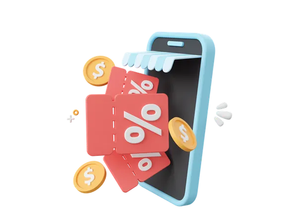 3 D Cartoon Design Illustration Of Shop Smartphone With Discount Code And Coin Advertising Marketing Promotion Concept 3D Icon
