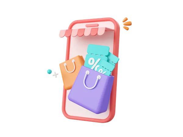 3 D Cartoon Design Illustration Of Shop Smartphone With Discount Code And Shopping Bag Advertising Marketing Promotion Concept 3D Icon