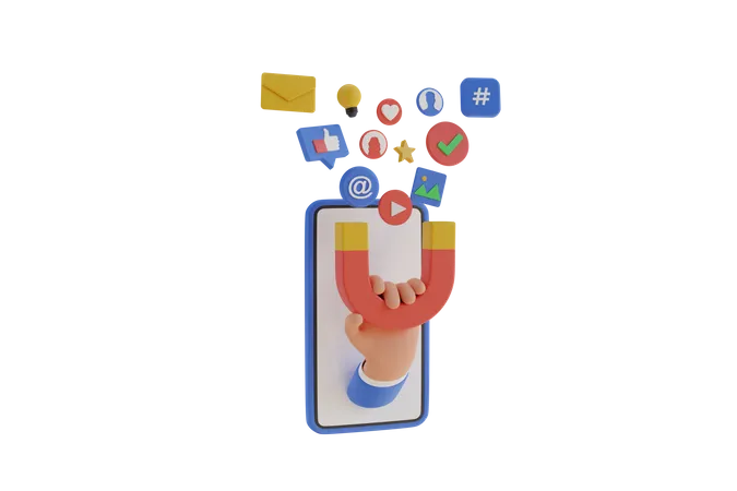 Hand Holds A Magnet For Social Network Promotion Digital Social Marketing Mobile Phone With Social Network Interface 3 D Rendering 3D Icon