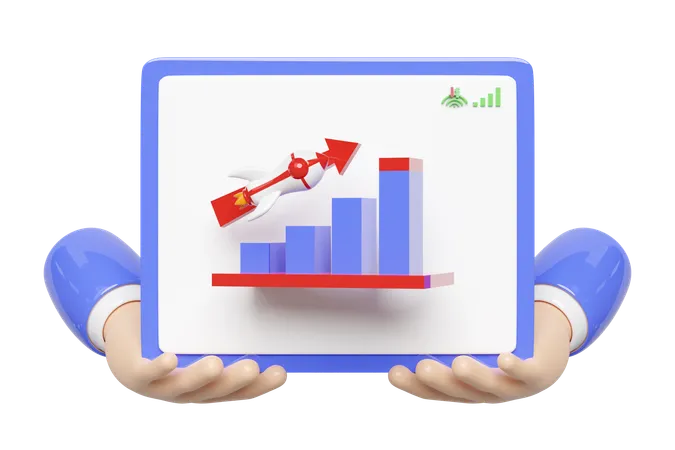 3 D Charts Graph With Hands Tablet Rocket Arrow Analysis Business Financial Data Business Strategy Concept 3 D Render Illustration 3D Icon