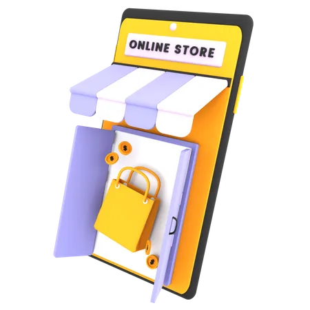 3 D Online Shopping Store With Mobile Shopping Bag Icon Ecommerce Illustration 3D Illustration