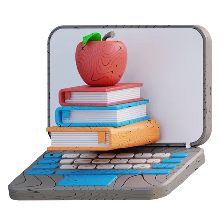 3 D Illustration Of Laptop And Pile Of Apple Books 3D Icon